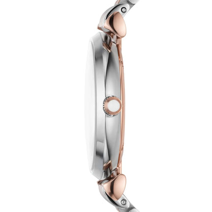 Side view of Emporio Armani Gianni T-Bar watch showing rose gold and stainless steel bracelet composition