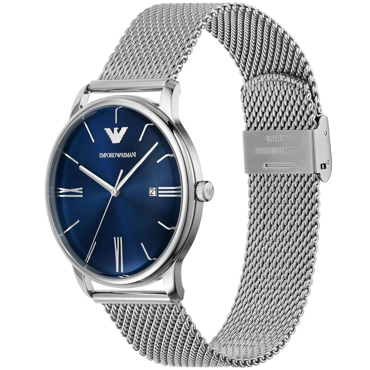 Emporio Armani Minimalist Blue Sunray Dial Silver Mesh Men's Watch - AR11571