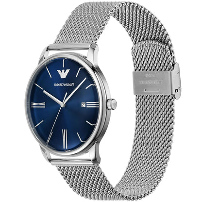 Emporio Armani Minimalist Blue Sunray Dial Silver Mesh Men's Watch - AR11571