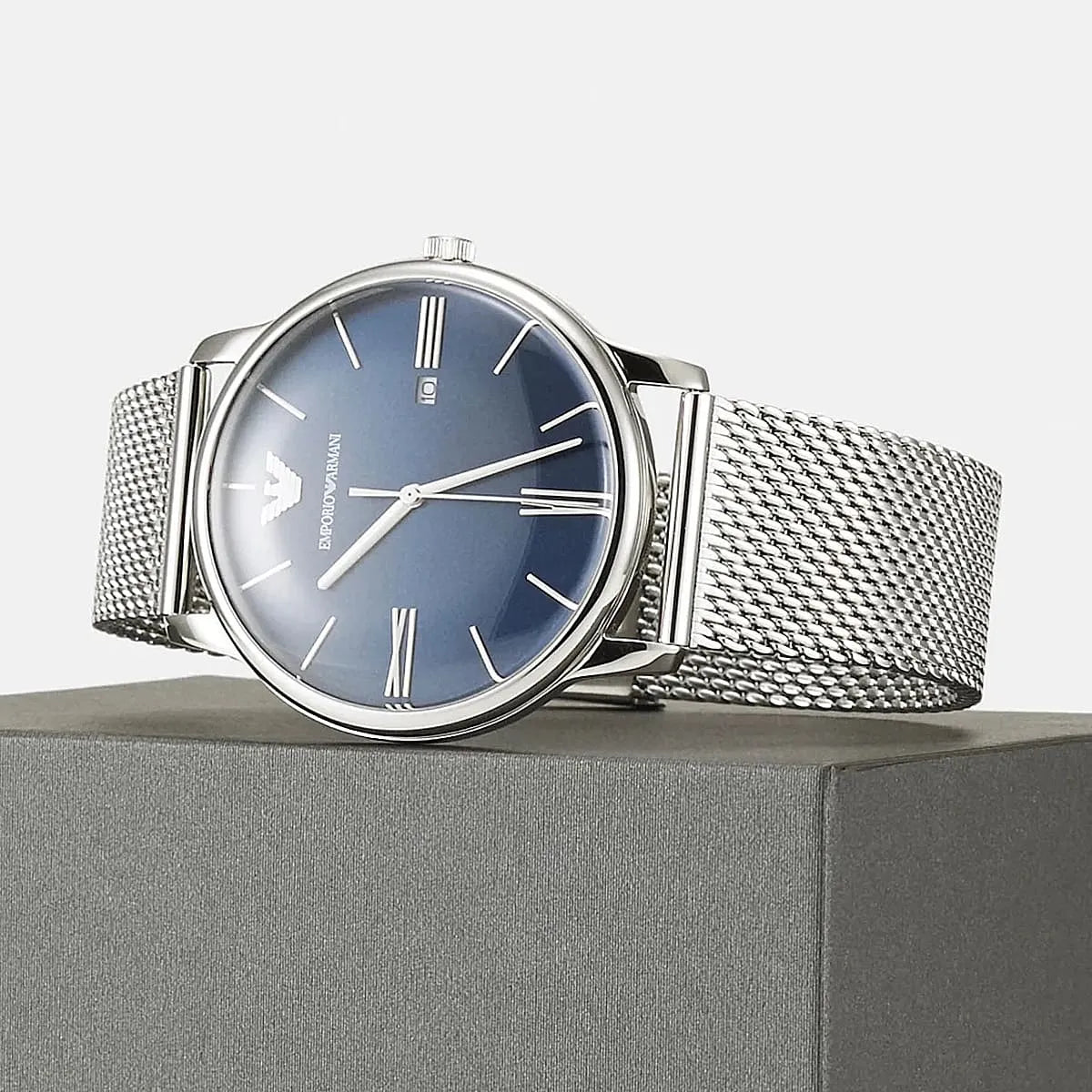 Emporio Armani Minimalist Blue Sunray Dial Silver Mesh Men's Watch - AR11571