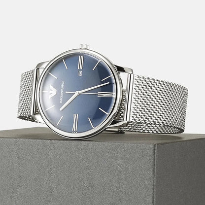 Emporio Armani Minimalist Blue Sunray Dial Silver Mesh Men's Watch - AR11571
