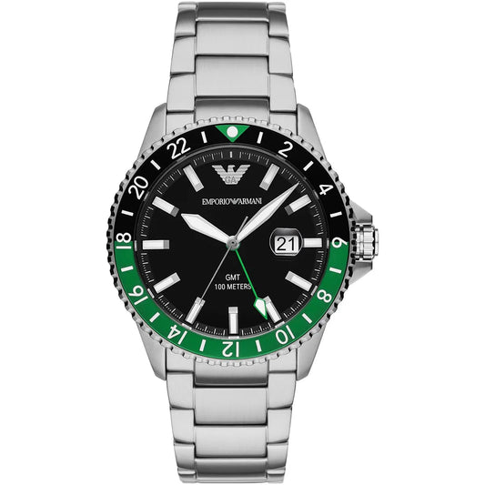 Emporio Armani Diver GMT Black Enamel Dial Silver Men's Watch - AR11589