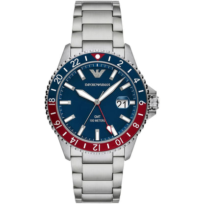 Emporio Armani Diver GMT Dark Blue Enamel Dial Silver Men's Watch - AR11590