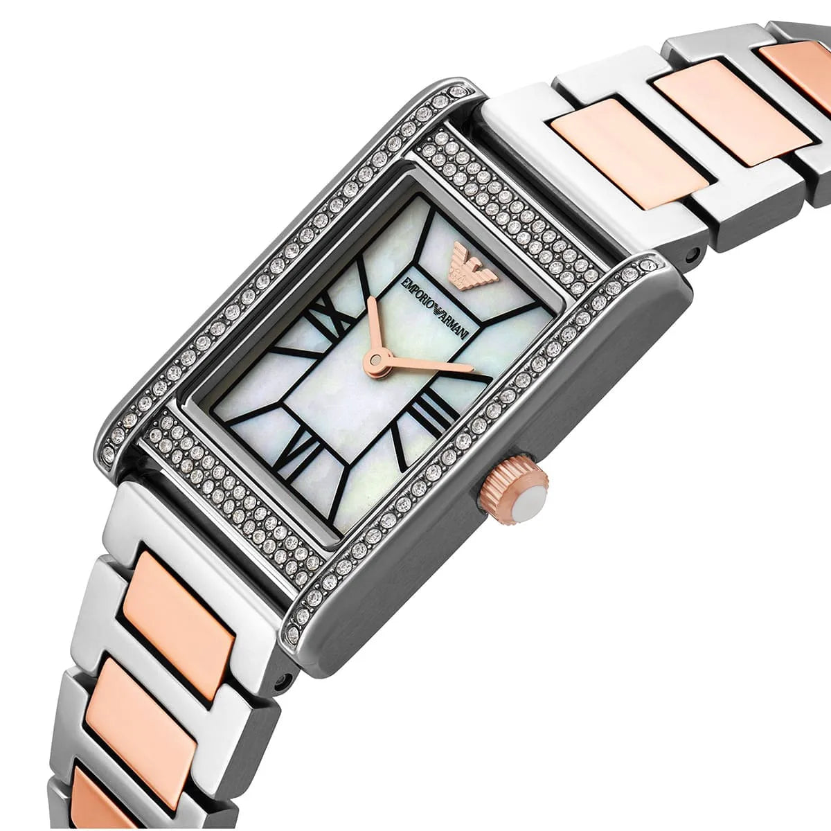 Two-tone Emporio Armani Genni watch angled view showing white dial with Roman numerals and crystal bezel