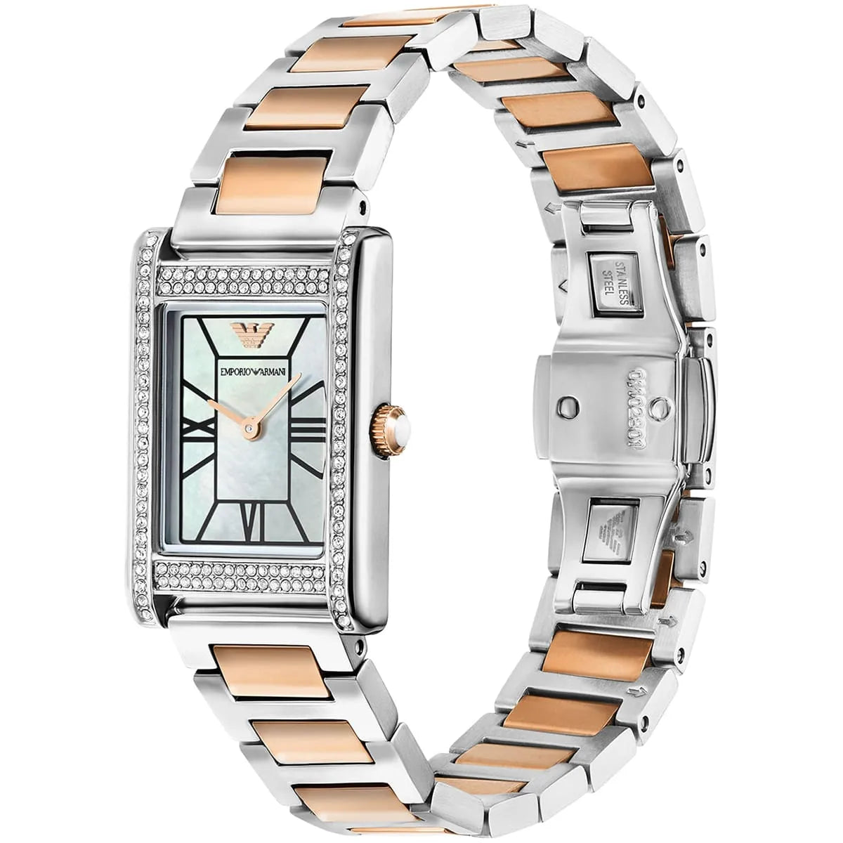 Emporio Armani Genni two-tone watch flat lay showing rectangular case, white dial, and two-tone bracelet