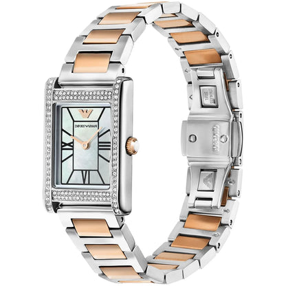 Emporio Armani Genni two-tone watch flat lay showing rectangular case, white dial, and two-tone bracelet
