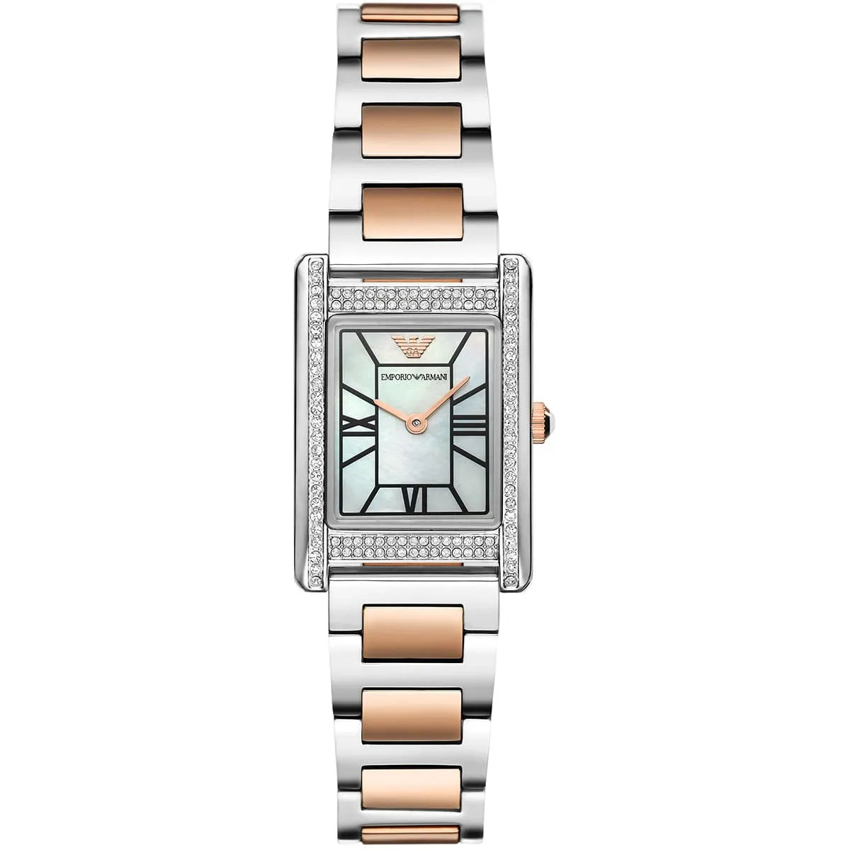 Emporio Armani Genni white mother-of-pearl rectangular dial two-tone watch with crystal-set bezel