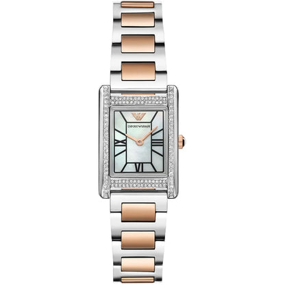 Emporio Armani Genni white mother-of-pearl rectangular dial two-tone watch with crystal-set bezel