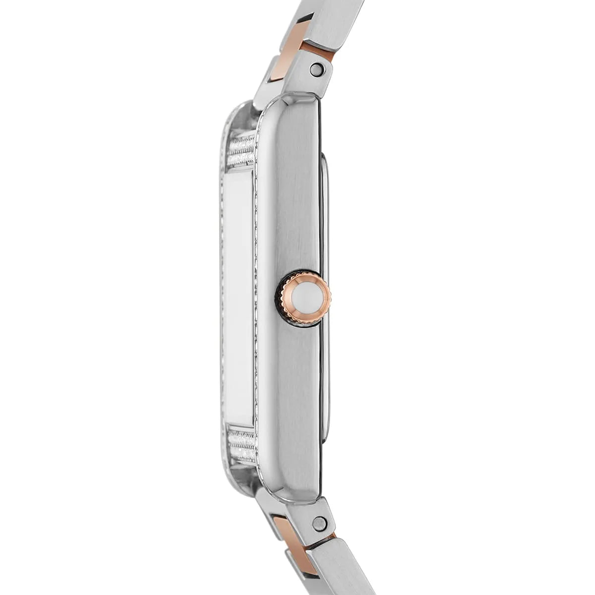 Emporio Armani Genni side view showing rectangular case depth, crystal bezel, and two-tone bracelet
