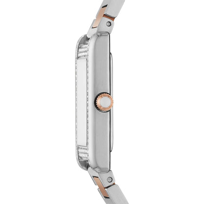 Emporio Armani Genni side view showing rectangular case depth, crystal bezel, and two-tone bracelet