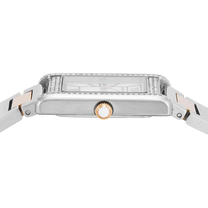 Emporio Armani Genni side profile showing crystal-set bezel, white dial, and rose gold crown