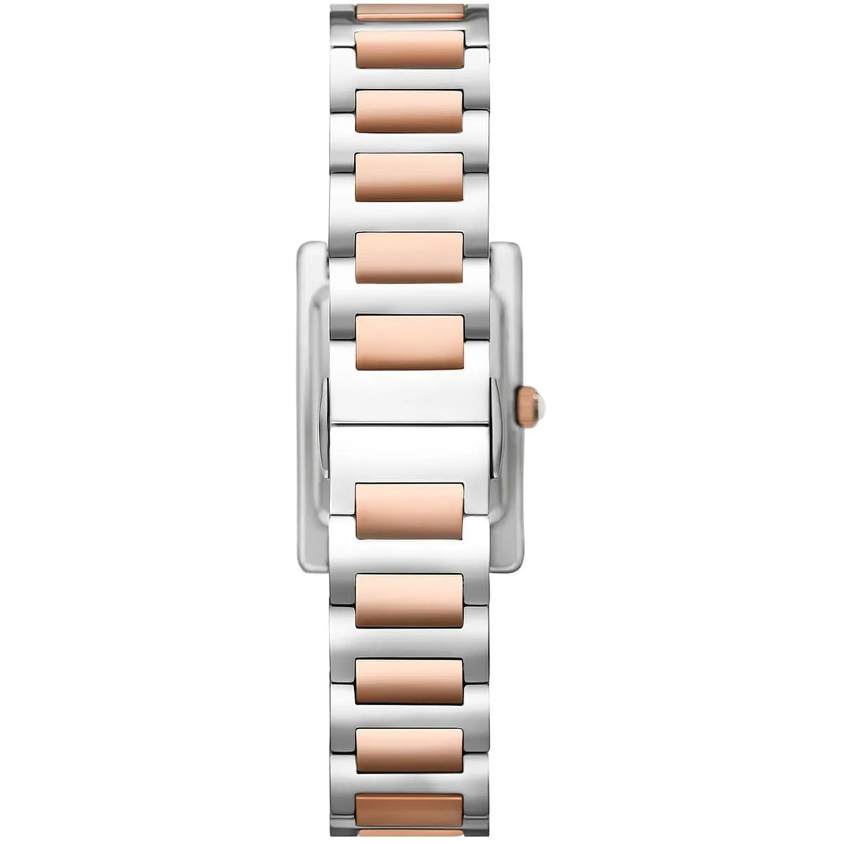 Emporio Armani Genni two-tone watch strap detail showing alternating silver and rose gold links