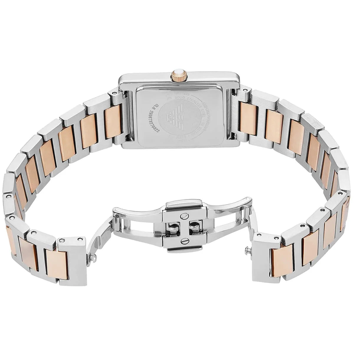 Two-tone stainless steel link bracelet with rose gold accents and fold-over clasp on Emporio Armani Genni