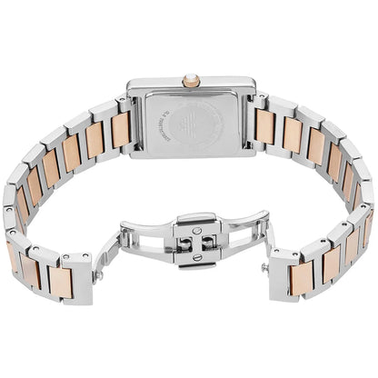 Two-tone stainless steel link bracelet with rose gold accents and fold-over clasp on Emporio Armani Genni