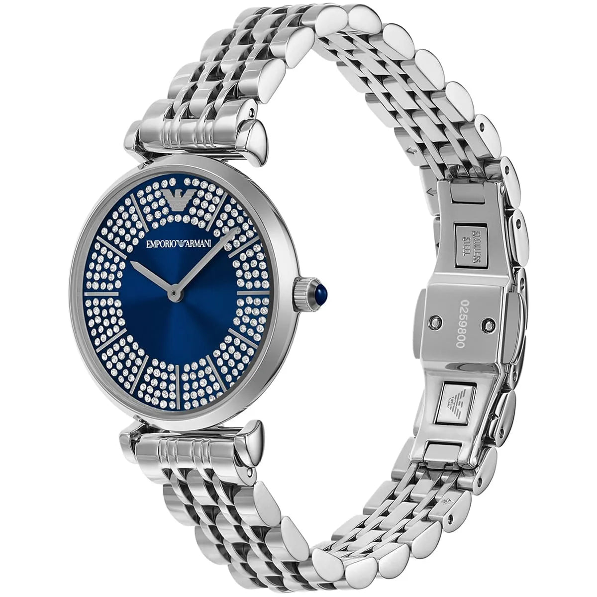 Emporio Armani Gianni T-Bar women's watch angled side view showing silver metal bracelet and T-bar lugs