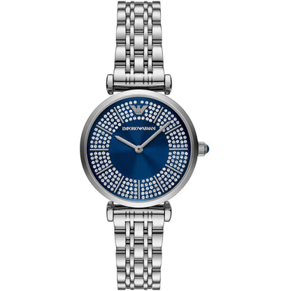 Emporio Armani Gianni T-Bar women's watch with blue sunray dial, crystal bezel, and silver stainless steel bracelet