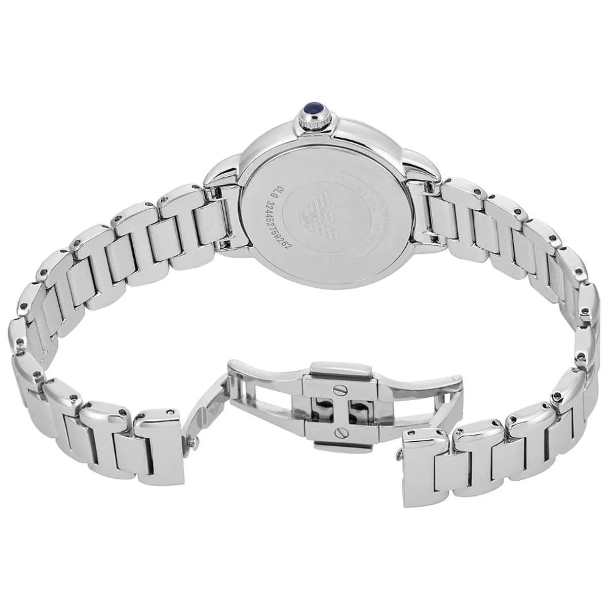 Emporio Armani Gianni T-Bar women's watch caseback showing stainless steel with crown detail