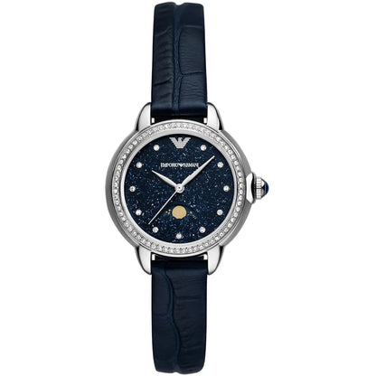 Emporio Armani Moonphase Blue Navy Blue Gnuine Leather Women's Watch - AR11629