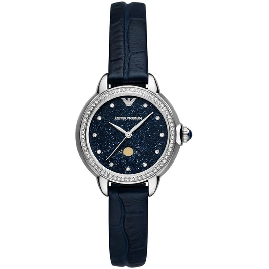Emporio Armani Moonphase Blue Navy Blue Gnuine Leather Women's Watch - AR11629