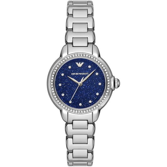 Emporio Armani Mia Three Hand Crystals Blue Dial Silver Steel Strap Women's Watch - For Women - AR11630