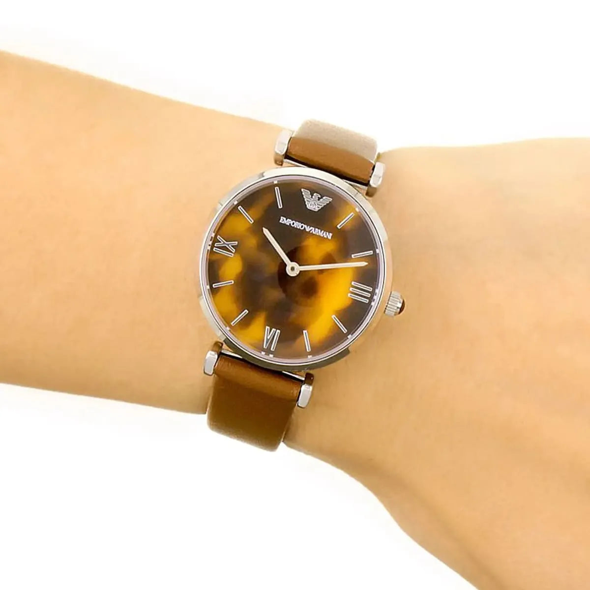 Emporio Armani Gianni T-Bar Brown Shell Dial Light Brown Genuine Leather Women's Watch - AR1873