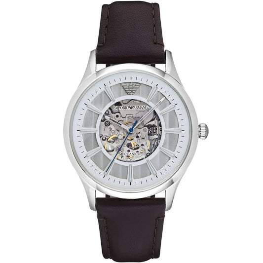 Emporio Armani Meccanico skeleton watch with white dial and dark brown leather strap