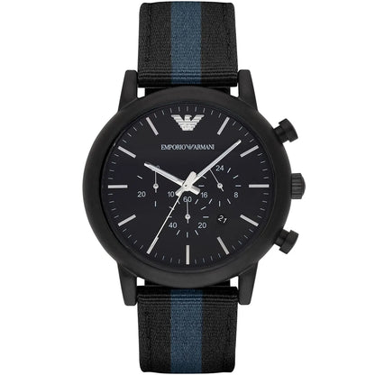 Emporio Armani Luigi chronograph watch with matte black dial and striped nylon-leather strap