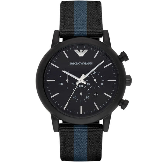 Emporio Armani Luigi Chronograph Matte Black Dial Striped Nylon on Leather Men's Watch - AR1948