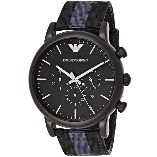 Emporio Armani Luigi Chronograph Matte Black Dial Striped Nylon on Leather Men's Watch - AR1948