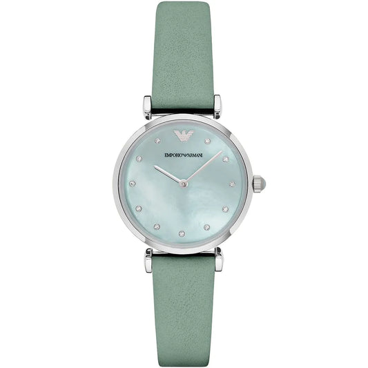 Emporio Armani Gianni T Bar Mother Of Pearl Blue Dial Blue Leather Strap Women's Watch - AR1959