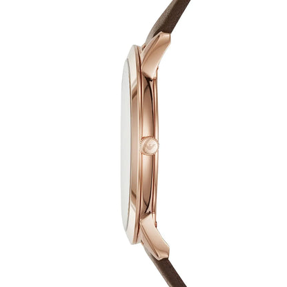 Emporio Armani AR2487 watch side profile with rose gold case and brown leather strap