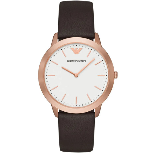 Emporio Armani Classic White Dial Brown Genuine Leather Men's Watch - AR2487