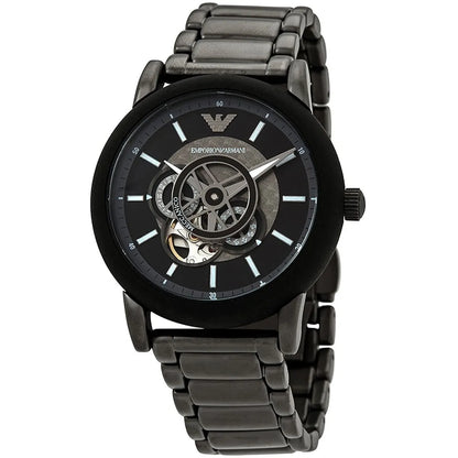 Emporio Armani Luigi Meccanico watch at angle showing skeleton movement and metal bracelet