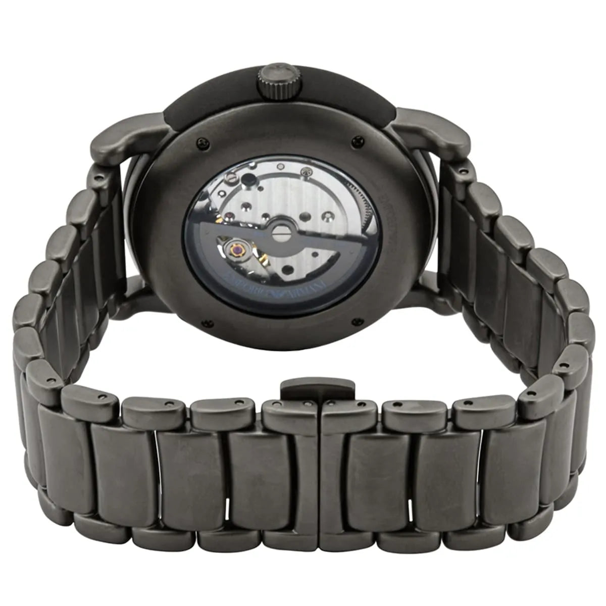Emporio Armani Luigi Meccanico caseback and metal strap showing skeleton movement detail