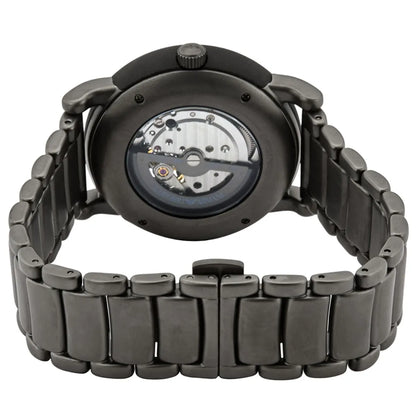 Emporio Armani Luigi Meccanico caseback and metal strap showing skeleton movement detail