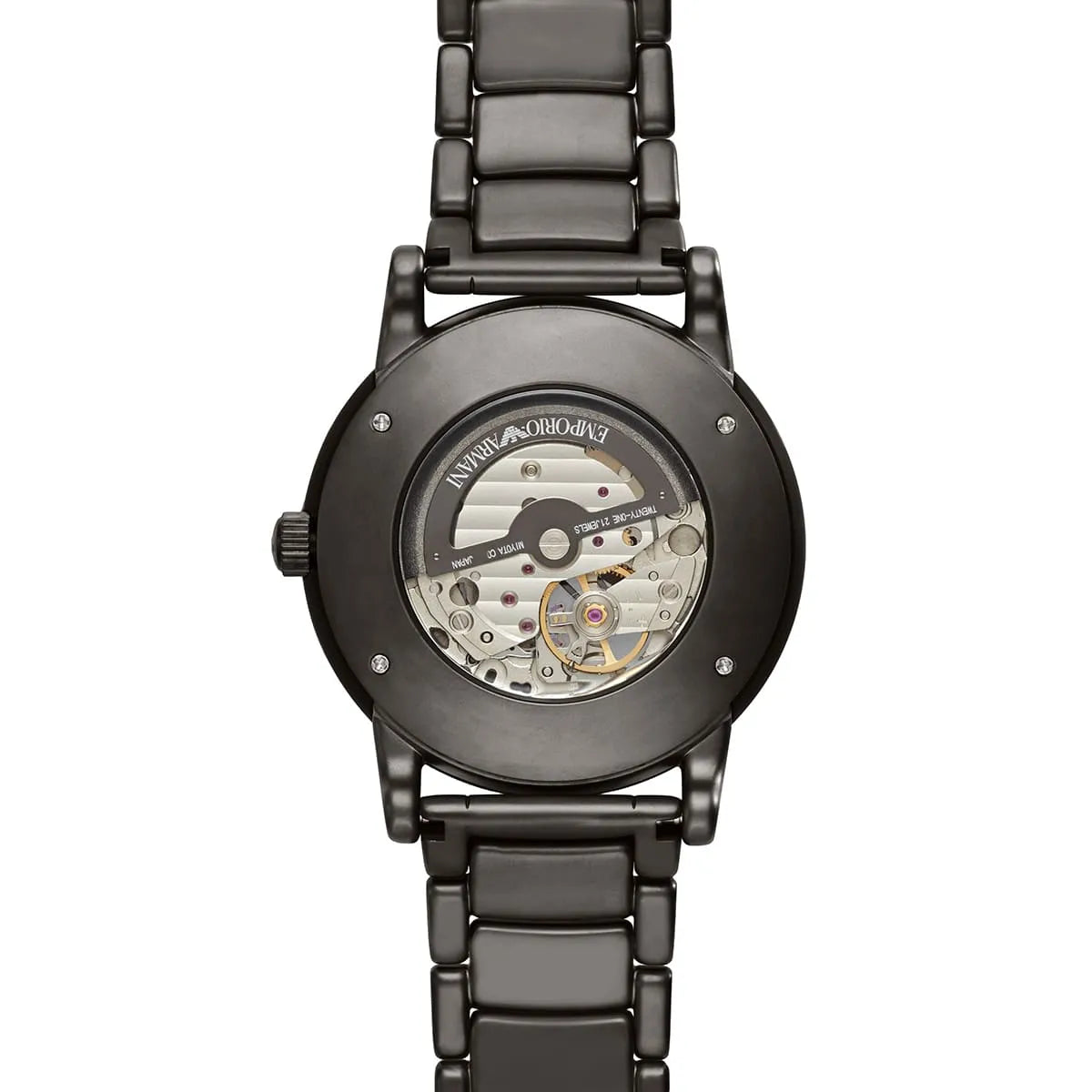 Emporio Armani Luigi Meccanico caseback displaying automatic mechanical skeleton movement