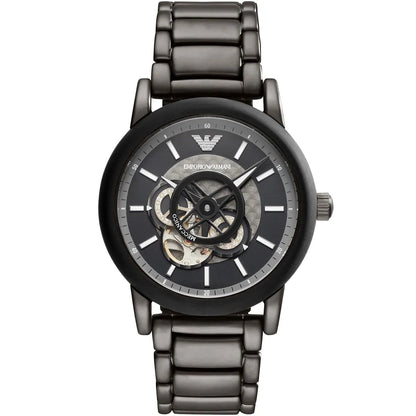 Emporio Armani Luigi Meccanico automatic watch with black skeleton dial and gunmetal metal strap