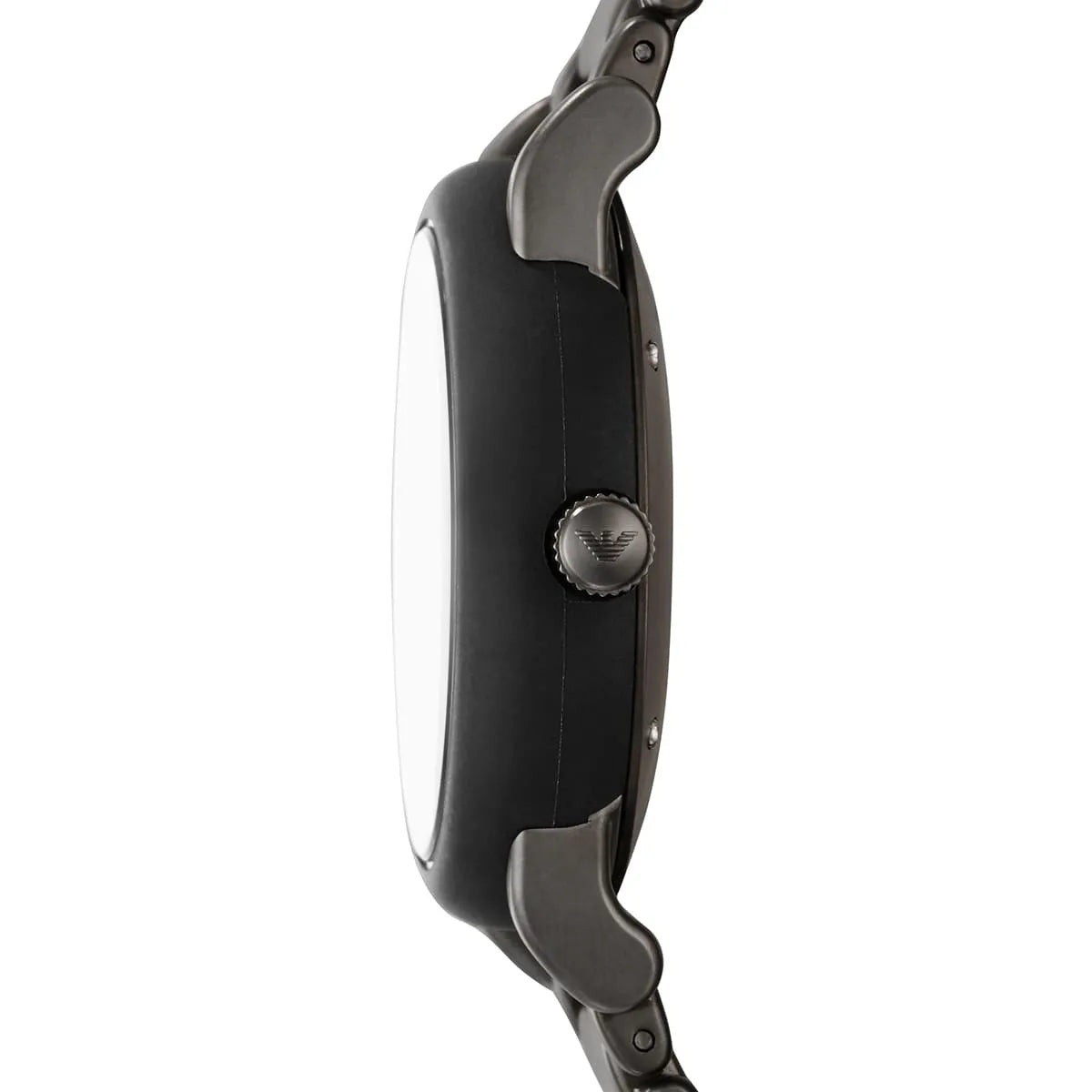 Emporio Armani Luigi Meccanico watch side view showing matte gunmetal finish and metal bracelet