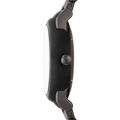 Emporio Armani Luigi Meccanico watch side view showing matte gunmetal finish and metal bracelet