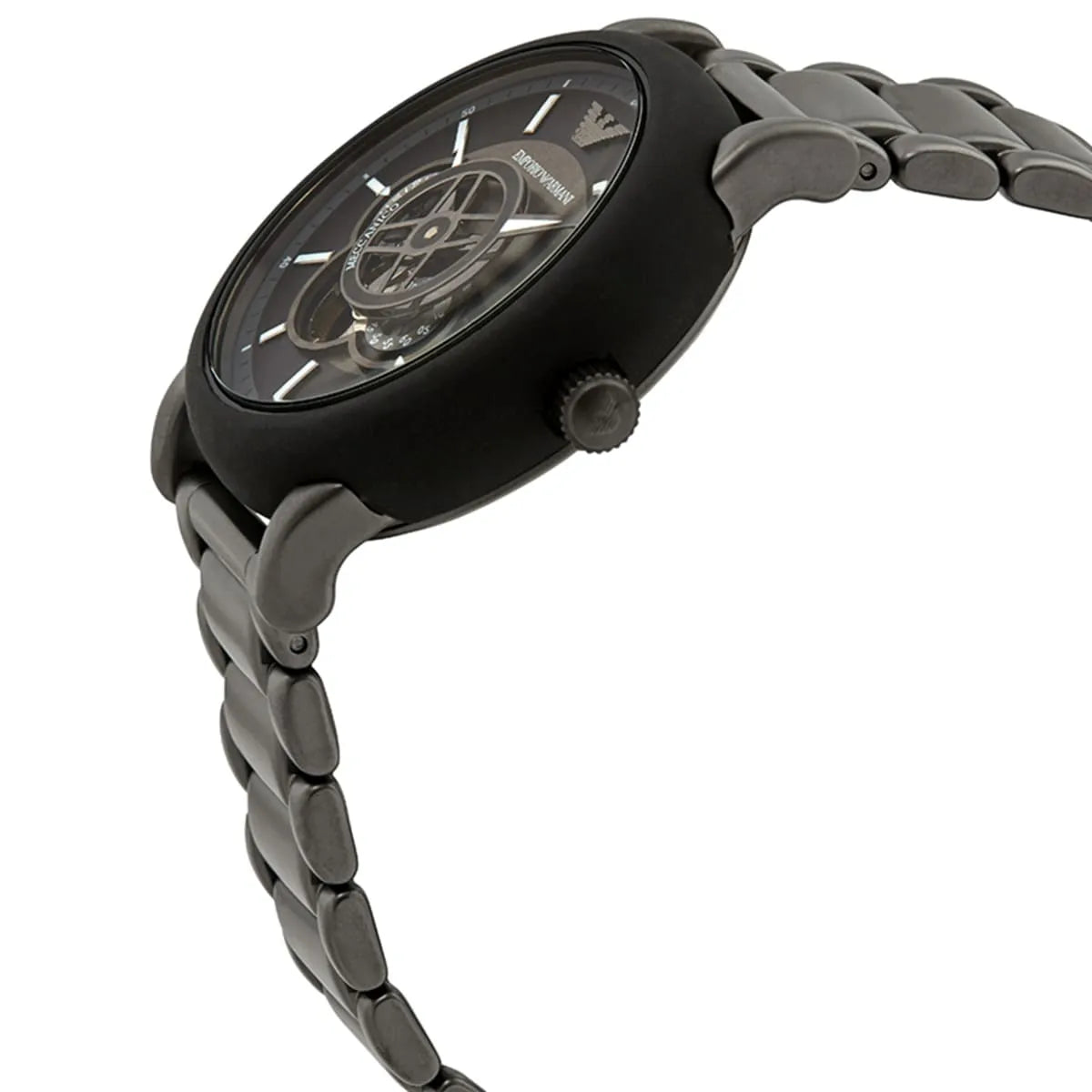 Emporio Armani Luigi Meccanico watch side profile with skeleton dial and gunmetal case