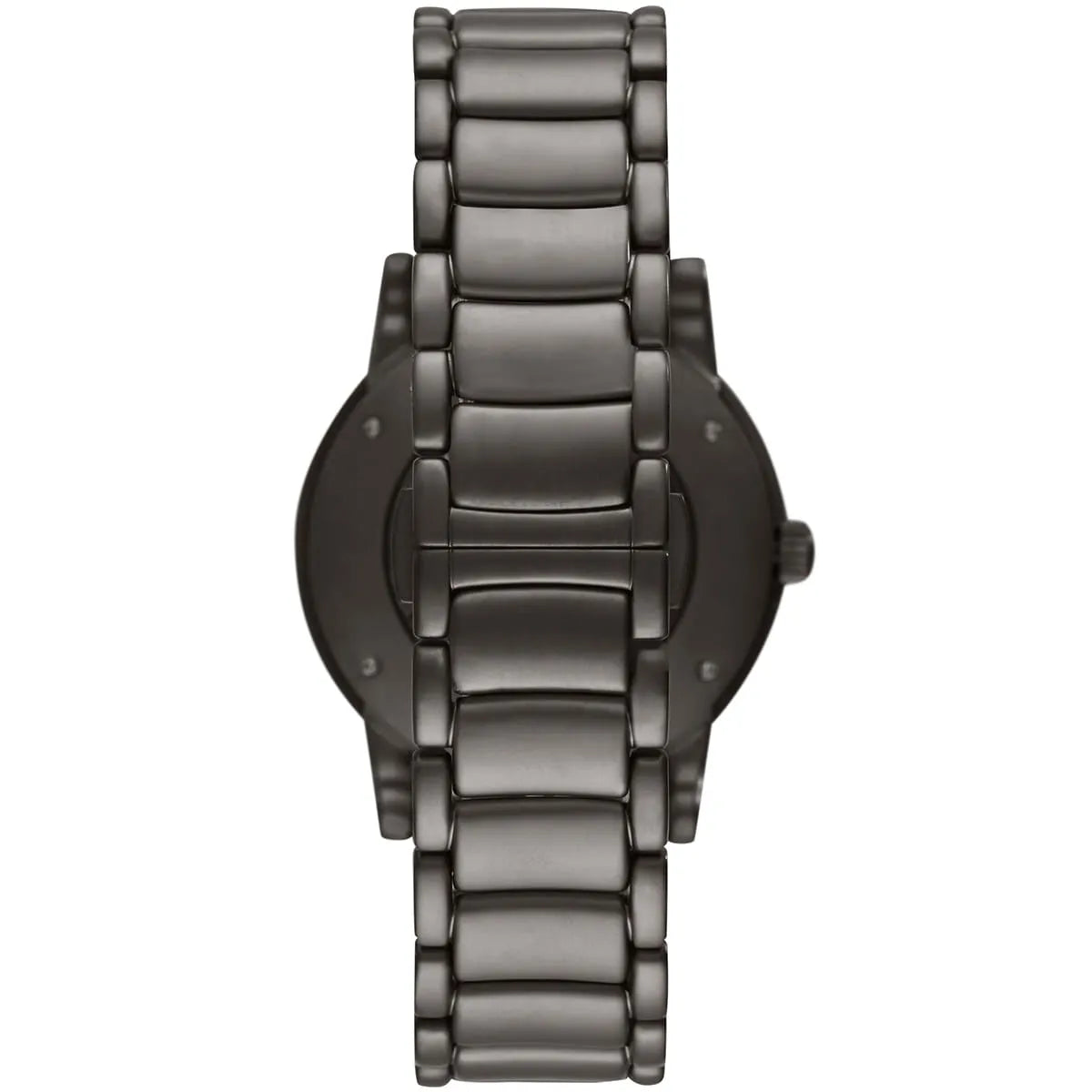 Gunmetal stainless steel metal strap and caseback of Emporio Armani Luigi Meccanico watch