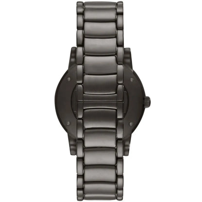Gunmetal stainless steel metal strap and caseback of Emporio Armani Luigi Meccanico watch