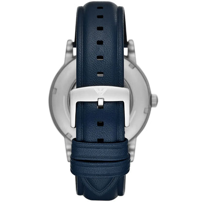 Emporio Armani Luigi watch caseback showing blue leather strap with adjustment holes and buckle