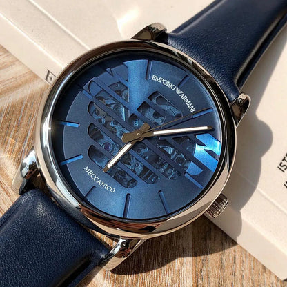 Emporio Armani Luigi skeleton dial detail showing blue sunray face with visible movement and indices