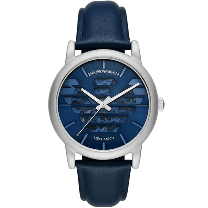 Emporio Armani Luigi watch with blue sunray skeleton dial and blue leather strap, front view