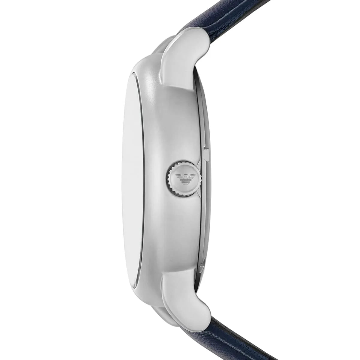 Emporio Armani Luigi watch side profile with stainless steel case and blue leather strap