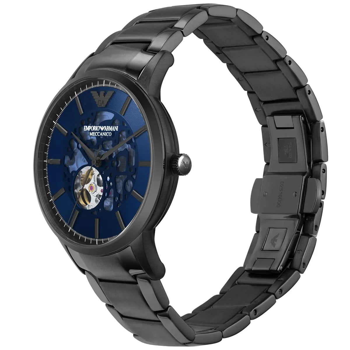 Emporio Armani Renato Meccanico watch at angle showing blue dial and gunmetal bracelet