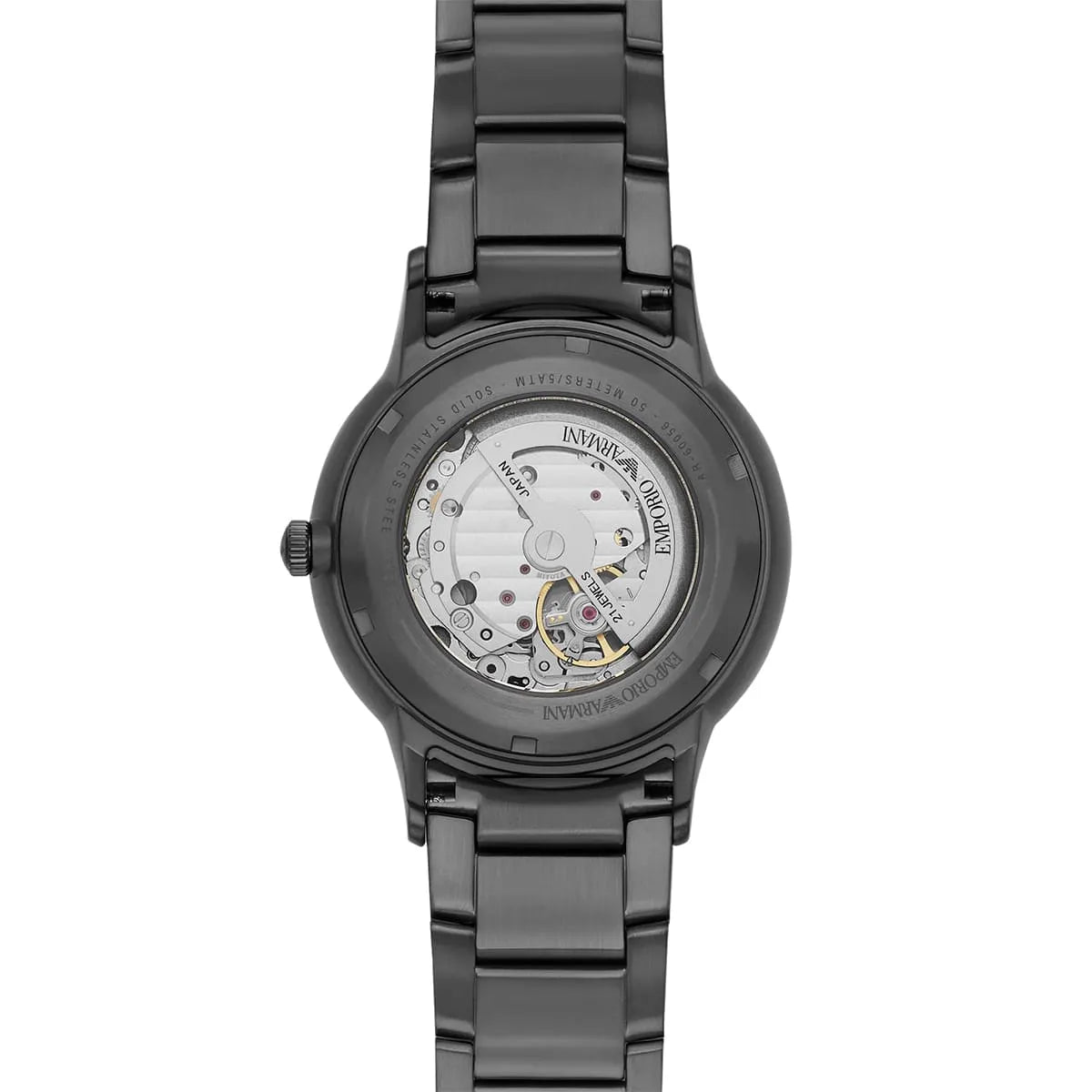 Emporio Armani Renato Meccanico caseback showing automatic mechanical movement