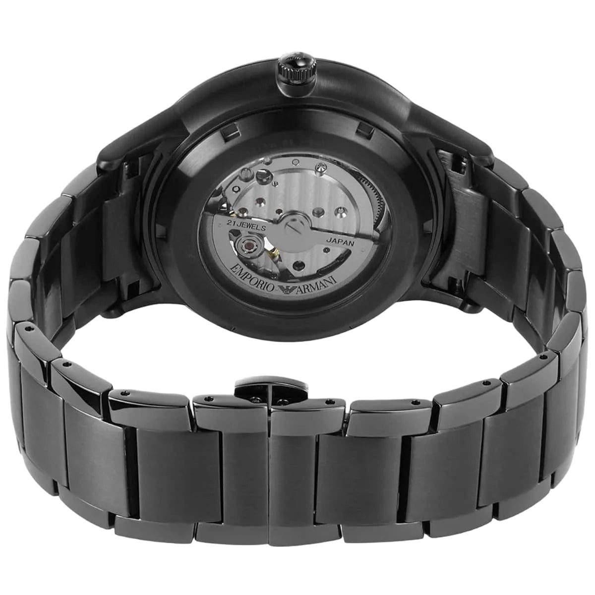 Emporio Armani Renato Meccanico watch case and movement side detail view