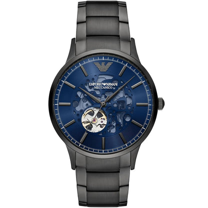 Emporio Armani Renato Meccanico automatic watch with blue sunray dial and visible movement